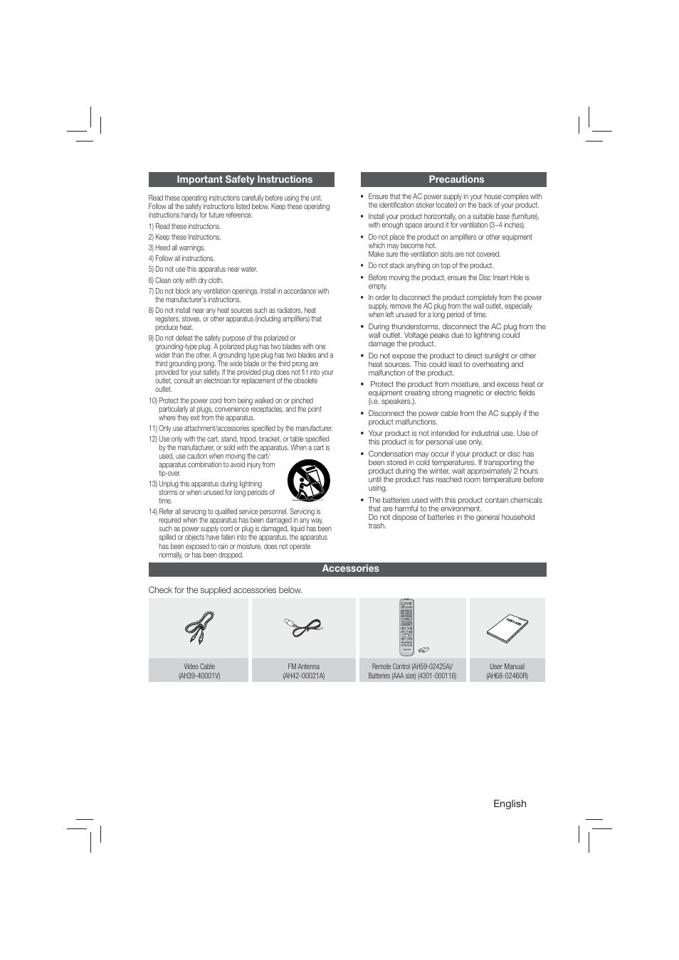 Important safety instructions, Precautions, Accessories | Samsung HT-E350-ZA User Manual | Page 3 / 43