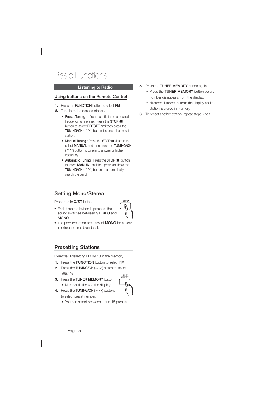 Listening to radio, Basic functions | Samsung HT-E350-ZA User Manual | Page 32 / 43