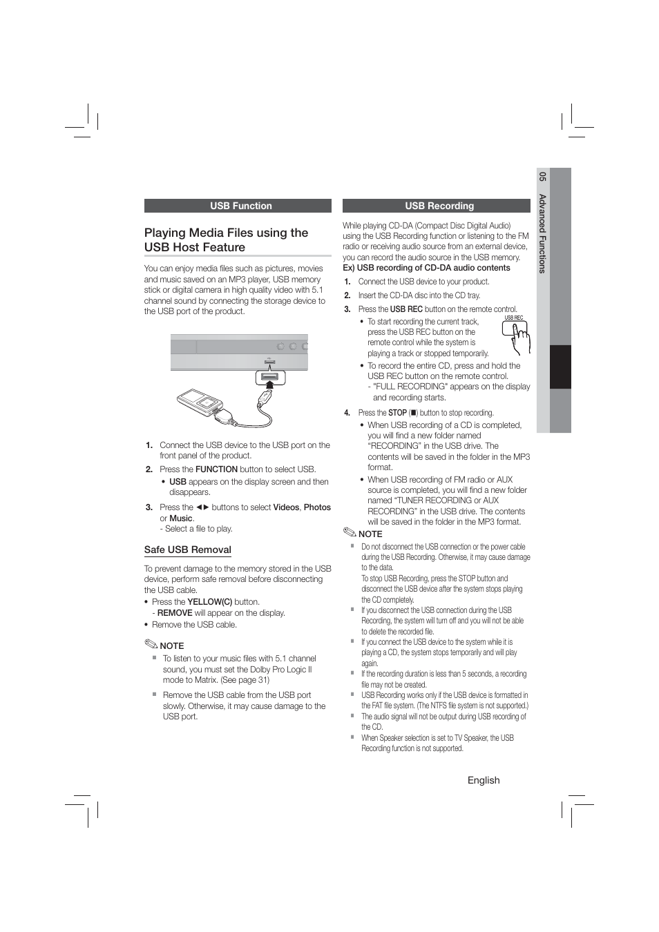 Usb function, Usb recording | Samsung HT-E350-ZA User Manual | Page 33 / 43