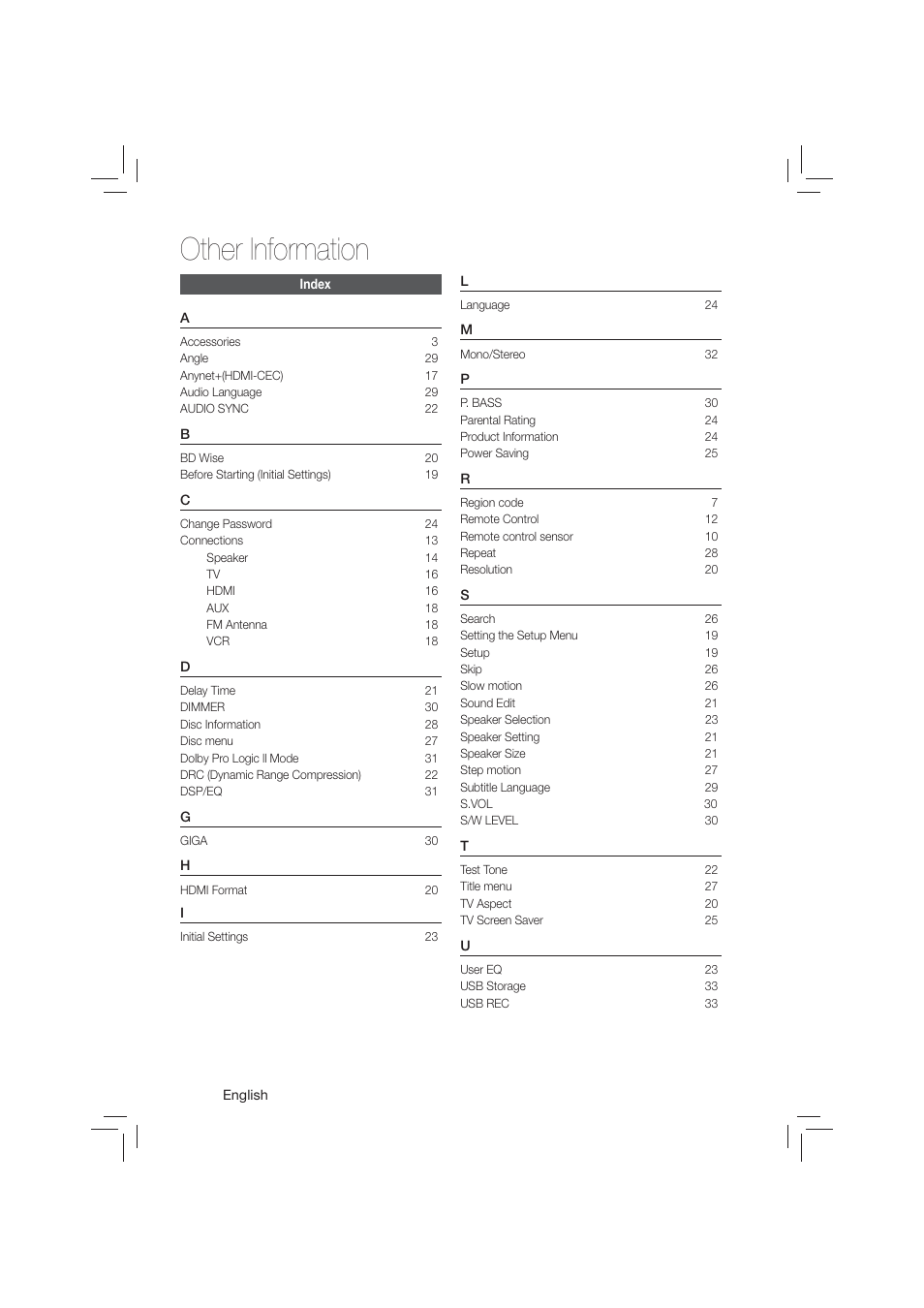 Index, Other information | Samsung HT-E350-ZA User Manual | Page 36 / 43
