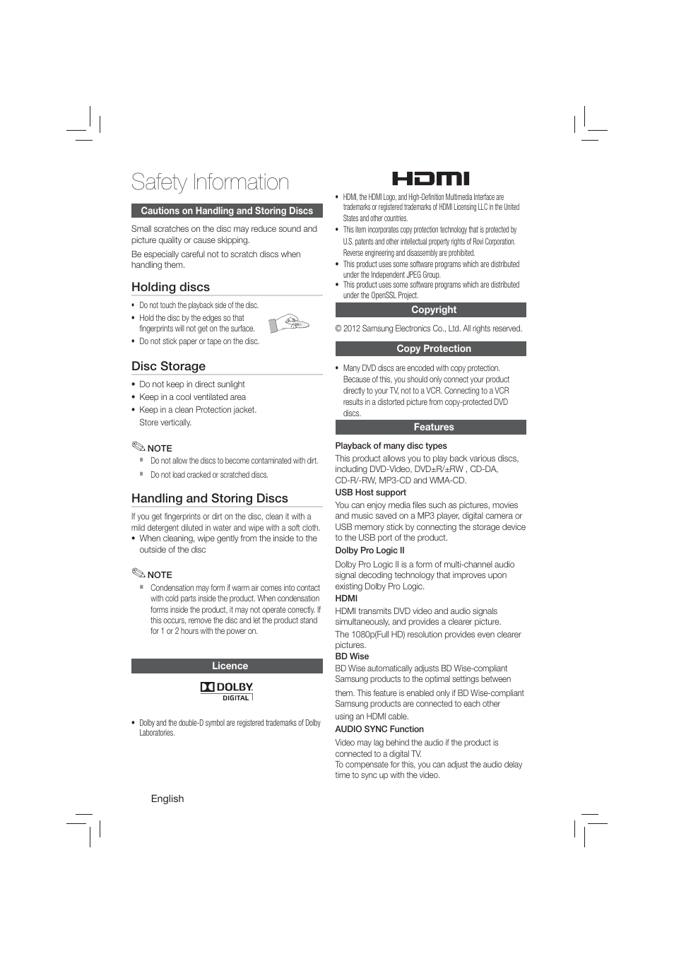Cautions on handling and storing discs, Licence, Copyright | Copy protection, Features, Safety information | Samsung HT-E350-ZA User Manual | Page 4 / 43