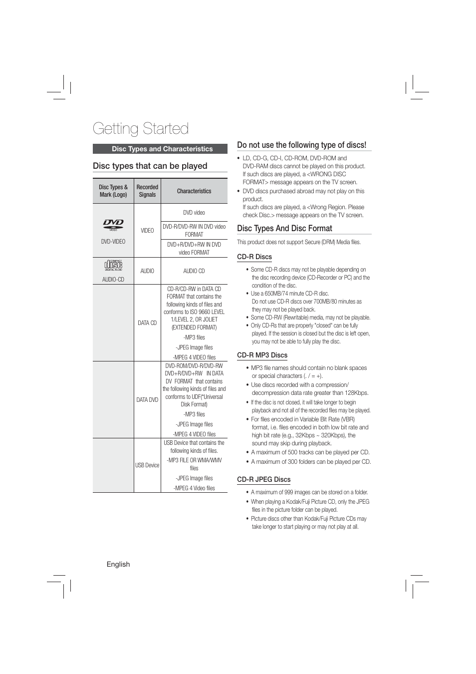 Disc types and characteristics, Getting started, Disc types that can be played | Do not use the following type of discs, Disc types and disc format | Samsung HT-E350-ZA User Manual | Page 8 / 43