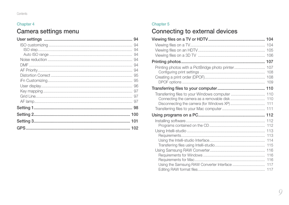 Camera settings menu, Connecting to external devices | Samsung EV-NX200ZBABUS User Manual | Page 10 / 150