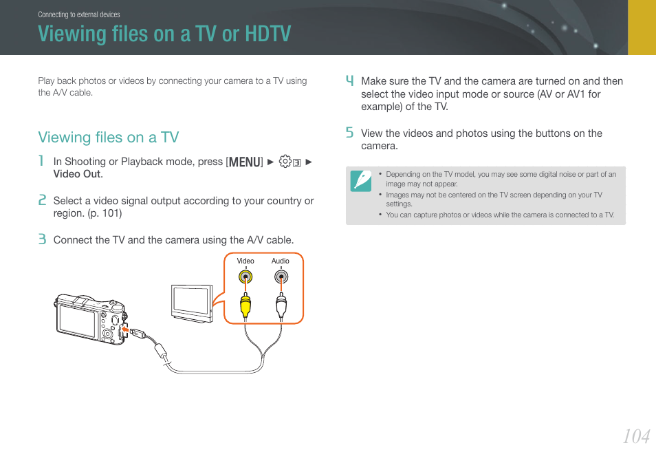 Viewing files on a tv or hdtv, Viewing files on a tv, Viewing ﬁles on a tv or hdtv | Viewing ﬁles on a tv | Samsung EV-NX200ZBABUS User Manual | Page 105 / 150