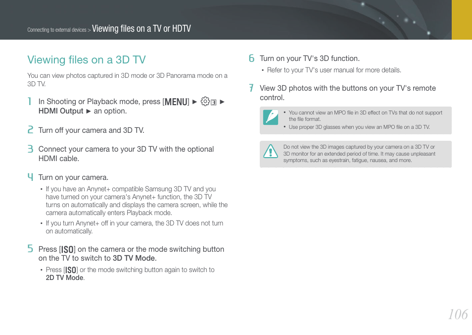 Viewing files on a 3d tv, Viewing ﬁles on a 3d tv, Viewing ﬁles on a tv or hdtv | Samsung EV-NX200ZBABUS User Manual | Page 107 / 150