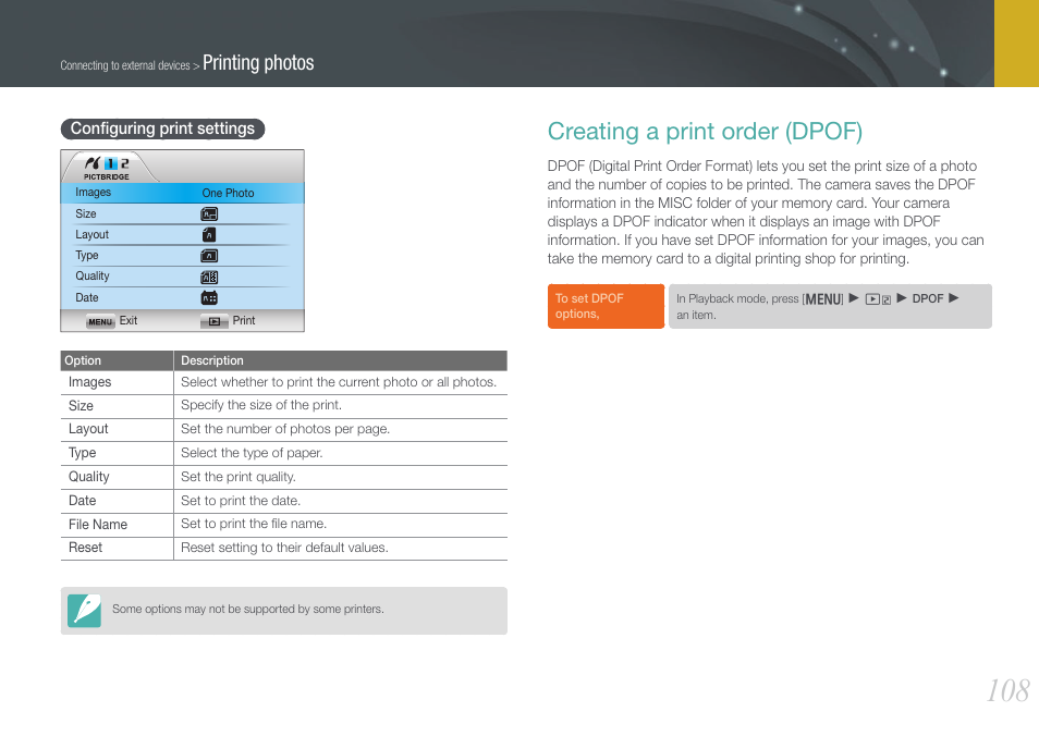 Configuring print settings, Creating a print order (dpof), Conﬁguring print settings | Printing photos | Samsung EV-NX200ZBABUS User Manual | Page 109 / 150