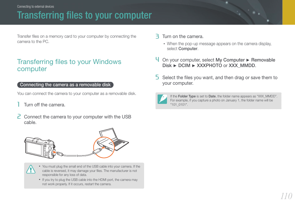 Transferring files to your computer, Transferring files to your windows computer, Connecting the camera as a removable disk | Transferring ﬁles to your computer, Transferring ﬁles to your windows computer | Samsung EV-NX200ZBABUS User Manual | Page 111 / 150