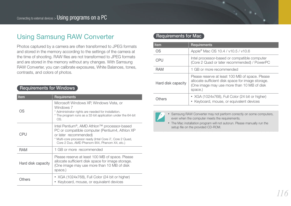 Using samsung raw converter, Requirements for windows, Requirements for mac | Requirements for windows requirements for mac, Using programs on a pc | Samsung EV-NX200ZBABUS User Manual | Page 117 / 150