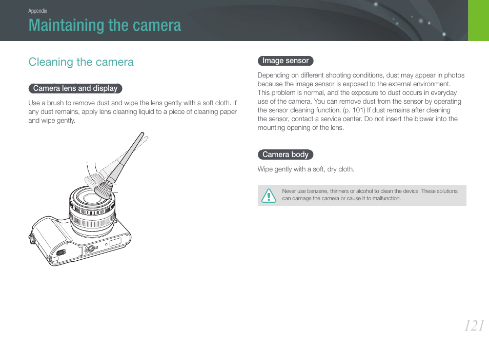 Maintaining the camera, Cleaning the camera, Camera lens and display | Image sensor, Camera body, Camera lens and display image sensor camera body | Samsung EV-NX200ZBABUS User Manual | Page 122 / 150