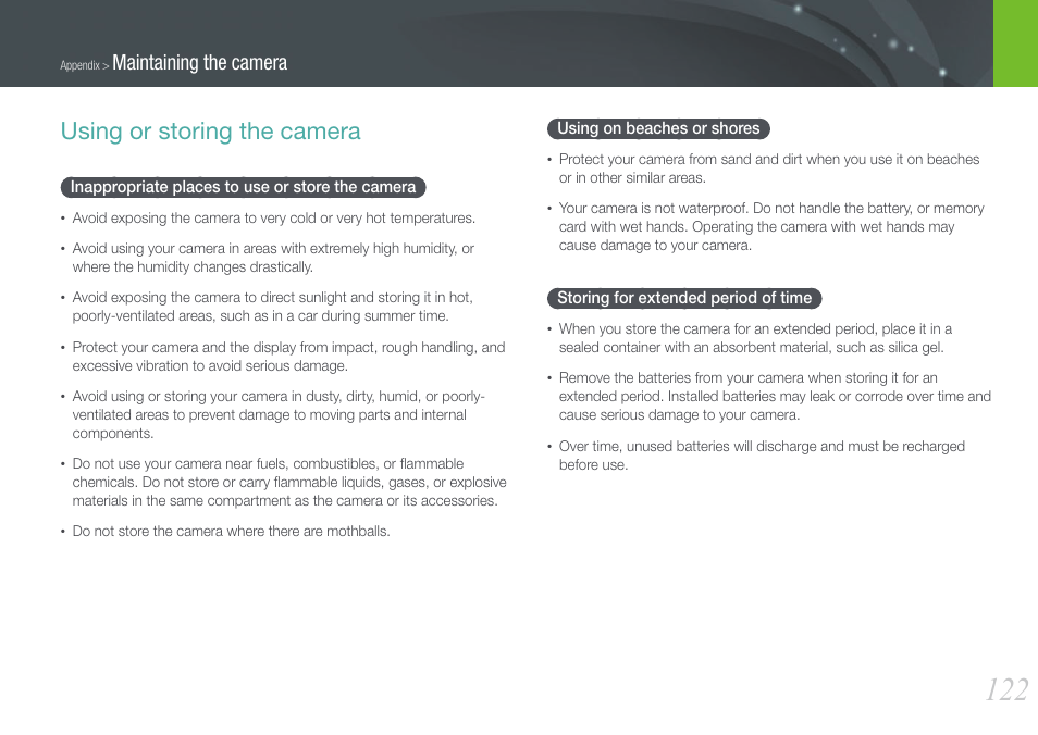 Using or storing the camera, Inappropriate places to use or store the camera, Using on beaches or shores | Storing for extended period of time, Maintaining the camera | Samsung EV-NX200ZBABUS User Manual | Page 123 / 150