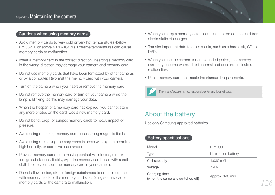 Cautions when using memory cards, About the battery, Battery specifications | Battery speciﬁcations, Maintaining the camera | Samsung EV-NX200ZBABUS User Manual | Page 127 / 150