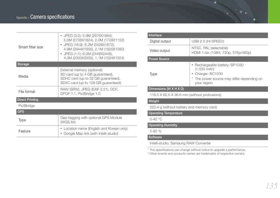 Camera speciﬁcations | Samsung EV-NX200ZBABUS User Manual | Page 136 / 150