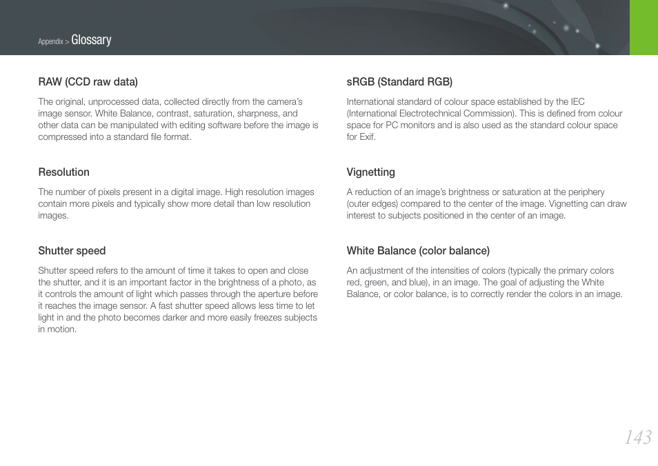 Glossary | Samsung EV-NX200ZBABUS User Manual | Page 144 / 150