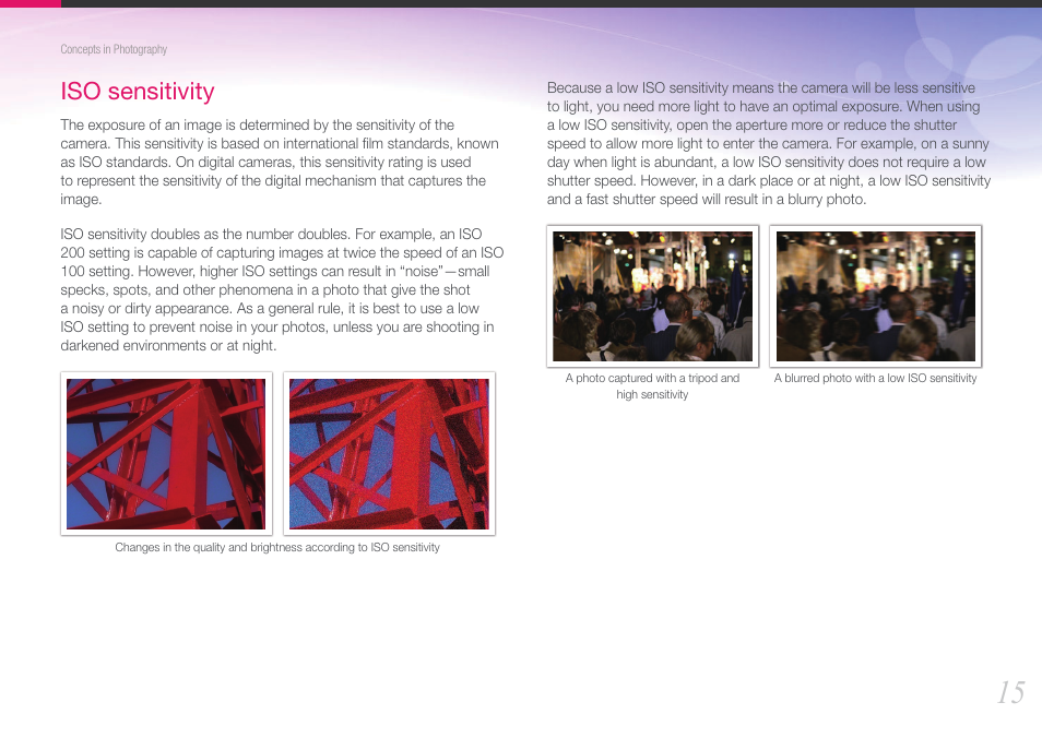Iso sensitivity | Samsung EV-NX200ZBABUS User Manual | Page 16 / 150