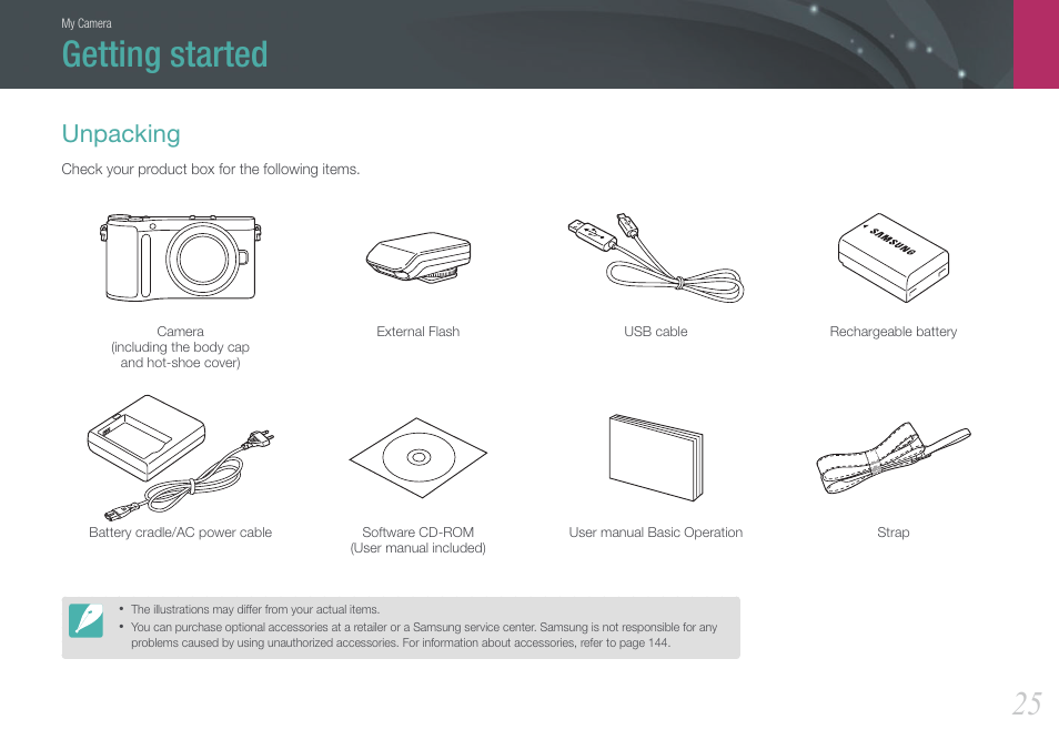 Getting started, Unpacking | Samsung EV-NX200ZBABUS User Manual | Page 26 / 150