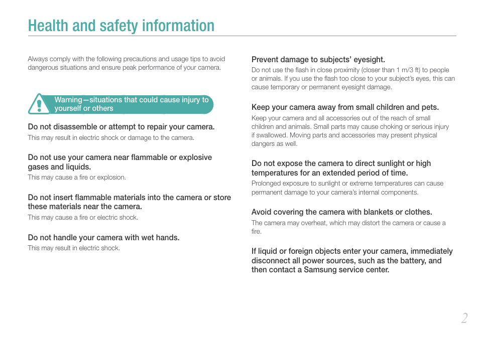 Health and safety information | Samsung EV-NX200ZBABUS User Manual | Page 3 / 150