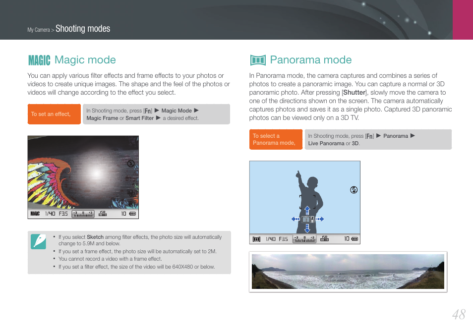 Magic mode, Panorama mode, N magic mode | P panorama mode, Shooting modes | Samsung EV-NX200ZBABUS User Manual | Page 49 / 150