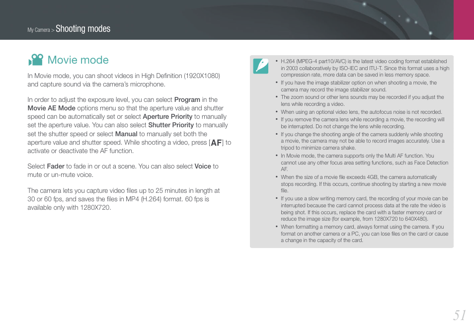 Movie mode, V movie mode, Shooting modes | Samsung EV-NX200ZBABUS User Manual | Page 52 / 150