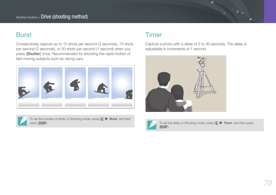 Burst, Timer, Burst timer | Drive (shooting method) | Samsung EV-NX200ZBABUS User Manual | Page 71 / 150