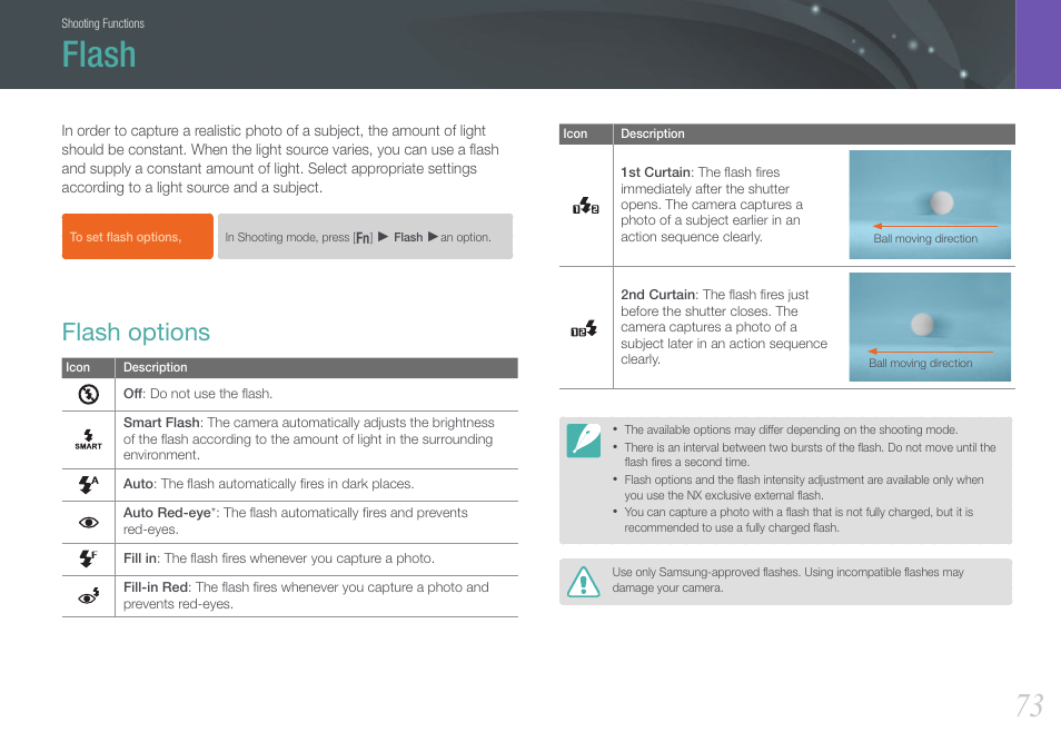 Flash, Flash options | Samsung EV-NX200ZBABUS User Manual | Page 74 / 150