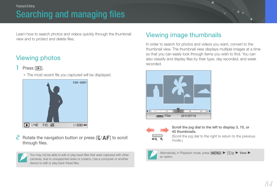 Searching and managing files, Viewing photos, Viewing image thumbnails | Viewing photos viewing image thumbnails | Samsung EV-NX200ZBABUS User Manual | Page 85 / 150