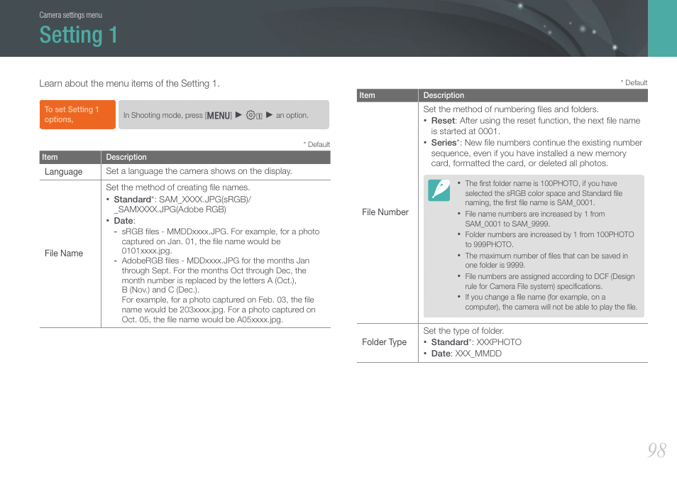 Setting 1 | Samsung EV-NX200ZBABUS User Manual | Page 99 / 150