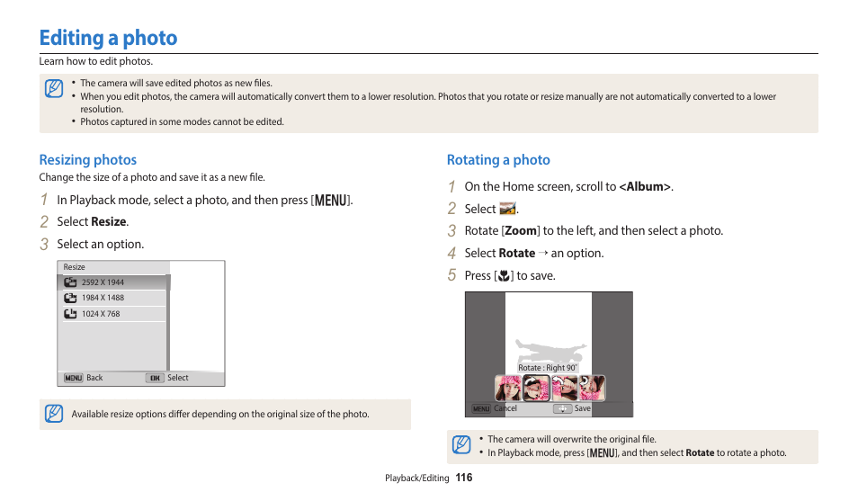 Using a smart phone as a remote shutter release, Editing a photo, Rotating a photo | Resizing photos | Samsung EC-DV150FBPLUS User Manual | Page 117 / 163