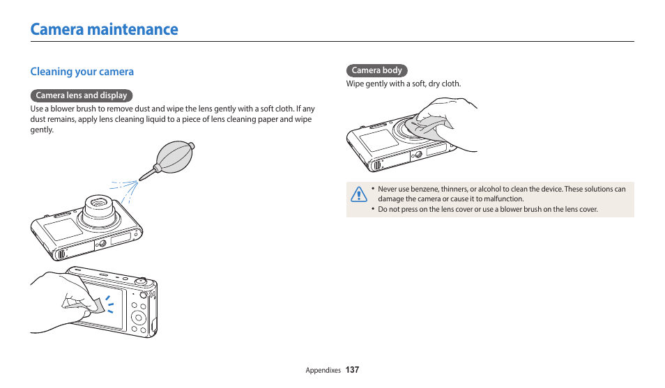 Camera maintenance, Cleaning your camera | Samsung EC-DV150FBPLUS User Manual | Page 138 / 163