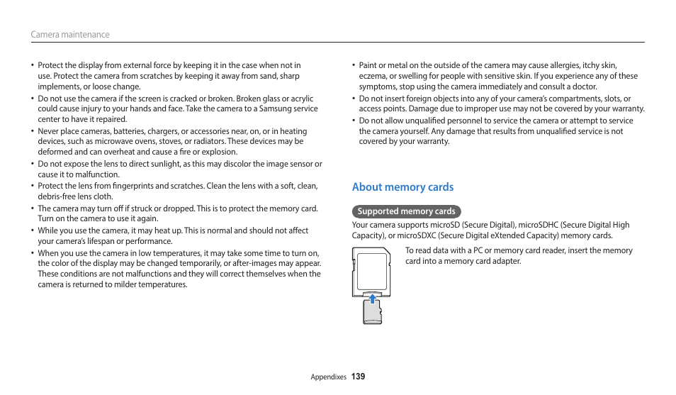 About memory cards | Samsung EC-DV150FBPLUS User Manual | Page 140 / 163