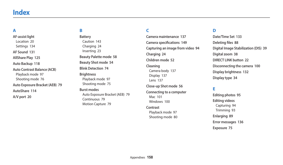 Index | Samsung EC-DV150FBPLUS User Manual | Page 159 / 163