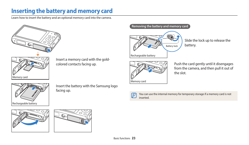 Inserting the battery and memory card | Samsung EC-DV150FBPLUS User Manual | Page 24 / 163