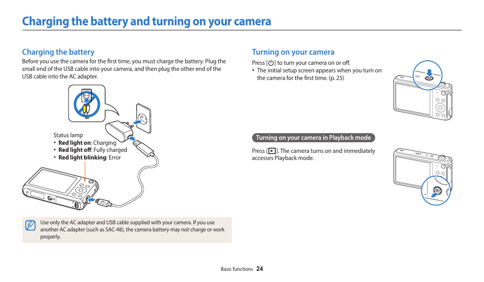 Charging the battery and turning on your camera, Charging the battery, Turning on your camera | Charging the battery turning on your camera | Samsung EC-DV150FBPLUS User Manual | Page 25 / 163
