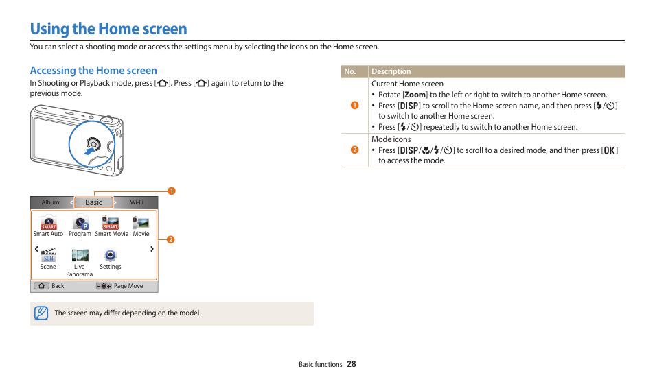 Using the home screen, Accessing the home screen | Samsung EC-DV150FBPLUS User Manual | Page 29 / 163