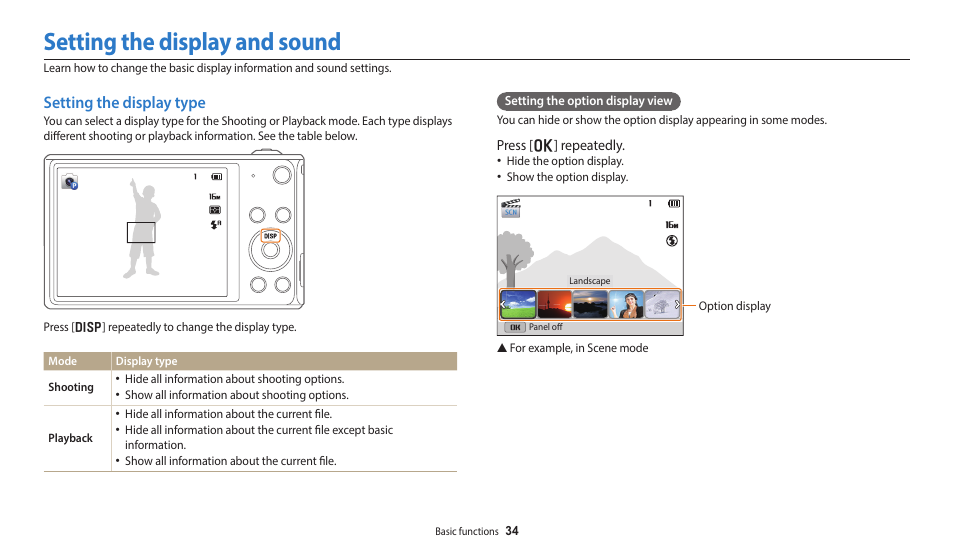 Setting the display and sound, Setting the display type | Samsung EC-DV150FBPLUS User Manual | Page 35 / 163