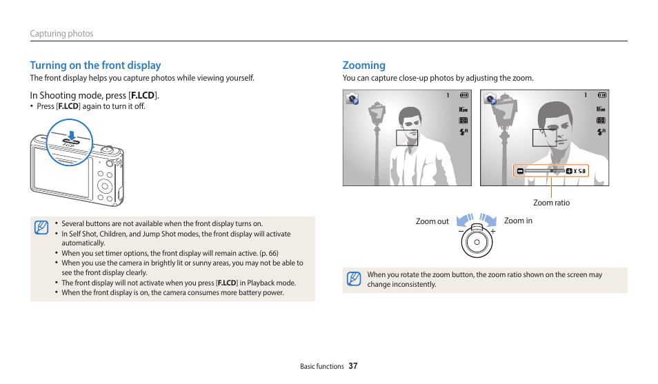 Turning on the front display, Zooming, Turning on the front display zooming | Samsung EC-DV150FBPLUS User Manual | Page 38 / 163