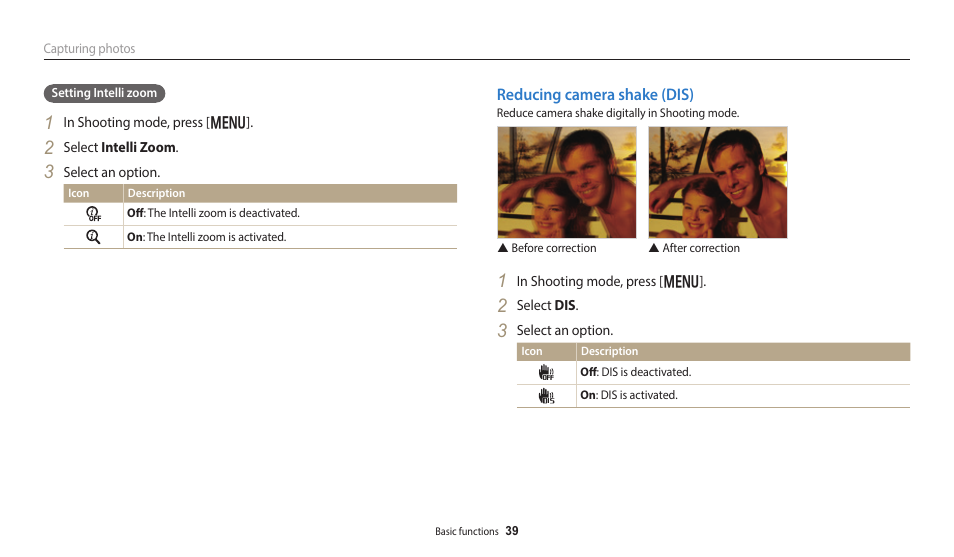 Reducing camera shake (dis) | Samsung EC-DV150FBPLUS User Manual | Page 40 / 163