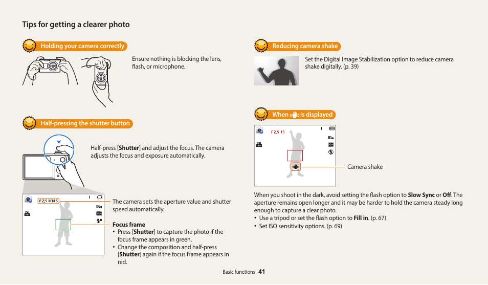 Tips for getting a clearer photo | Samsung EC-DV150FBPLUS User Manual | Page 42 / 163