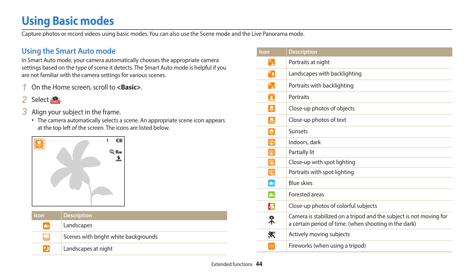 Using basic modes, Using the smart auto mode | Samsung EC-DV150FBPLUS User Manual | Page 45 / 163