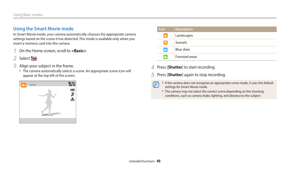 Using the smart movie mode | Samsung EC-DV150FBPLUS User Manual | Page 47 / 163