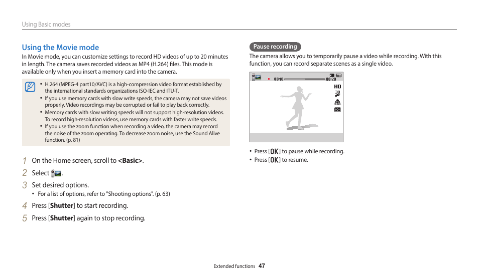 Using the movie mode | Samsung EC-DV150FBPLUS User Manual | Page 48 / 163