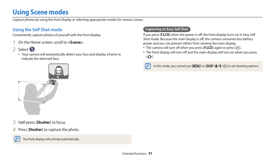 Using scene modes, Using the self shot mode | Samsung EC-DV150FBPLUS User Manual | Page 52 / 163