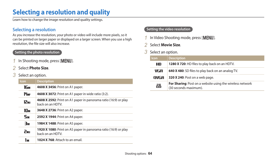 Selecting a resolution and quality, Selecting a resolution | Samsung EC-DV150FBPLUS User Manual | Page 65 / 163