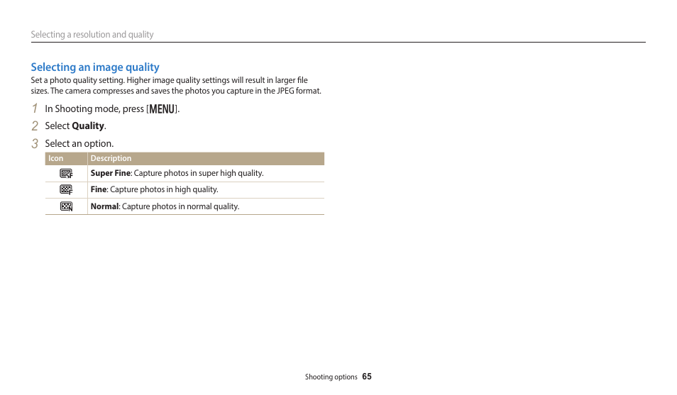 Selecting an image quality | Samsung EC-DV150FBPLUS User Manual | Page 66 / 163