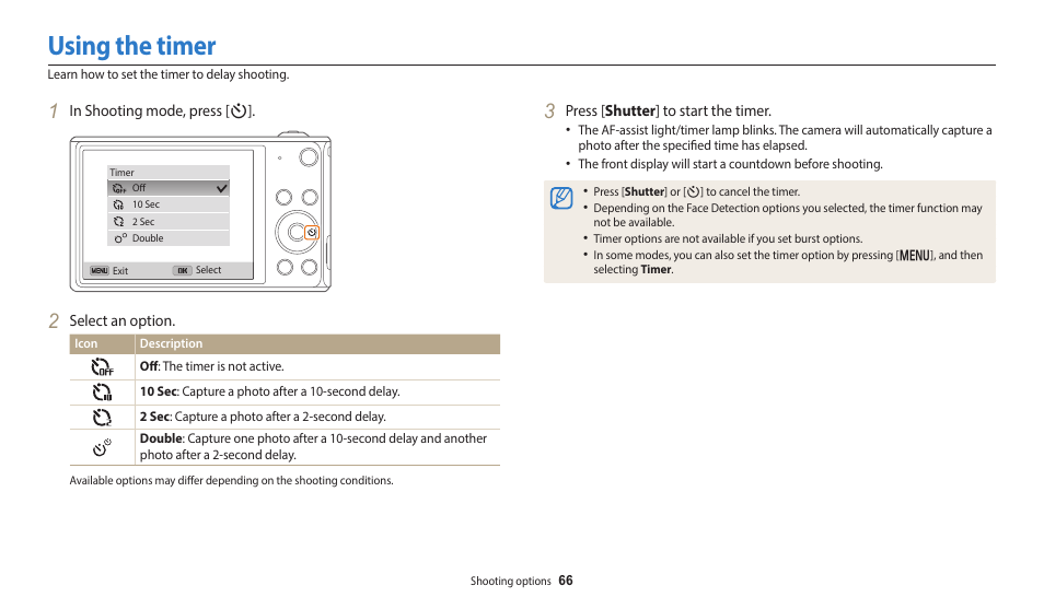Using the timer | Samsung EC-DV150FBPLUS User Manual | Page 67 / 163
