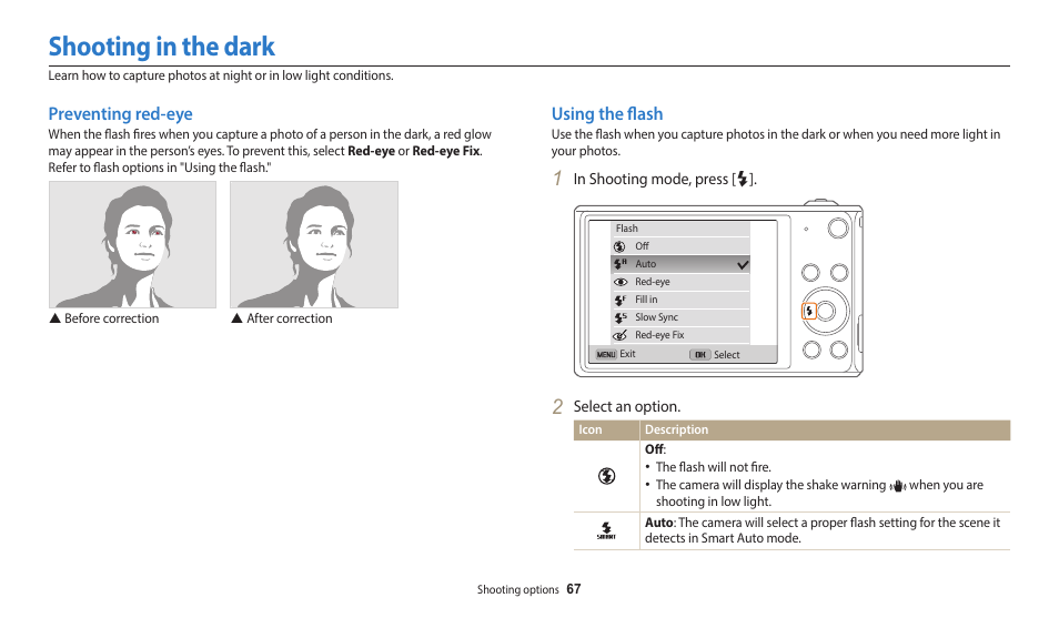 Shooting in the dark, Preventing red-eye, Using the flash | Preventing red-eye using the flash | Samsung EC-DV150FBPLUS User Manual | Page 68 / 163