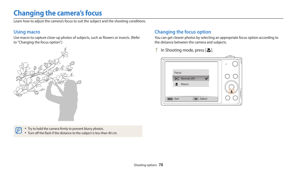 Changing the camera’s focus, Using macro, Changing the focus option | Using macro changing the focus option | Samsung EC-DV150FBPLUS User Manual | Page 71 / 163