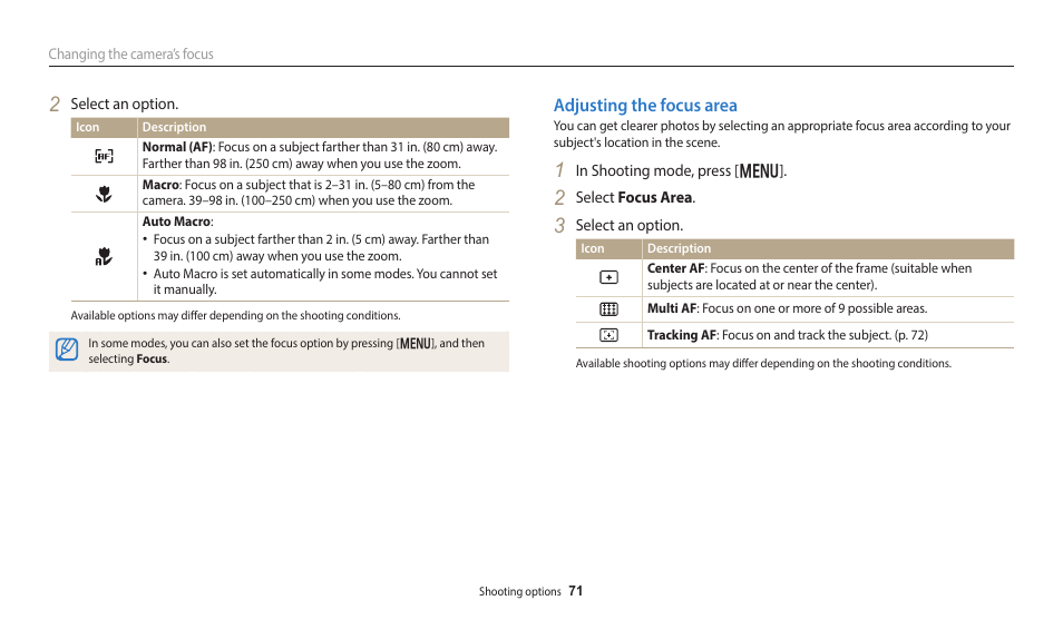 Adjusting the focus area | Samsung EC-DV150FBPLUS User Manual | Page 72 / 163