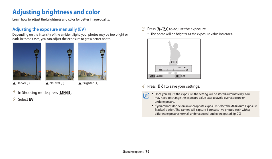 Adjusting brightness and color, Adjusting the exposure manually (ev) | Samsung EC-DV150FBPLUS User Manual | Page 76 / 163