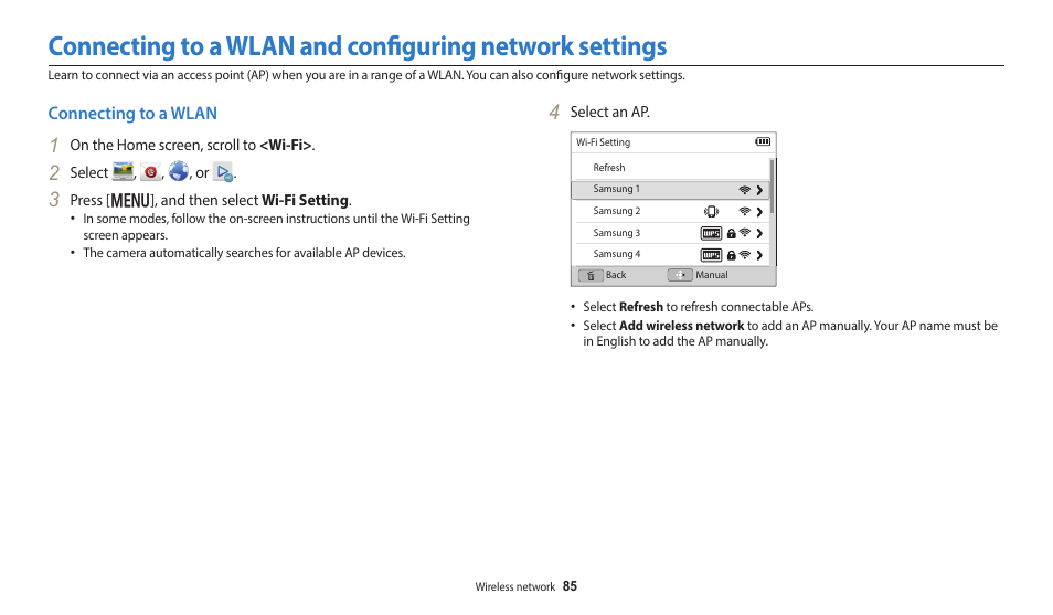 Viewing photos or videos in playback mode, Starting playback mode, Network settings | Connecting to a wlan | Samsung EC-DV150FBPLUS User Manual | Page 86 / 163