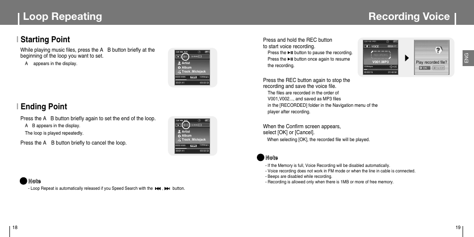 Loop repeating, Recording voice, Istarting point | Iending point ✍ 1 | Samsung YP-T7JX-XAA User Manual | Page 10 / 28